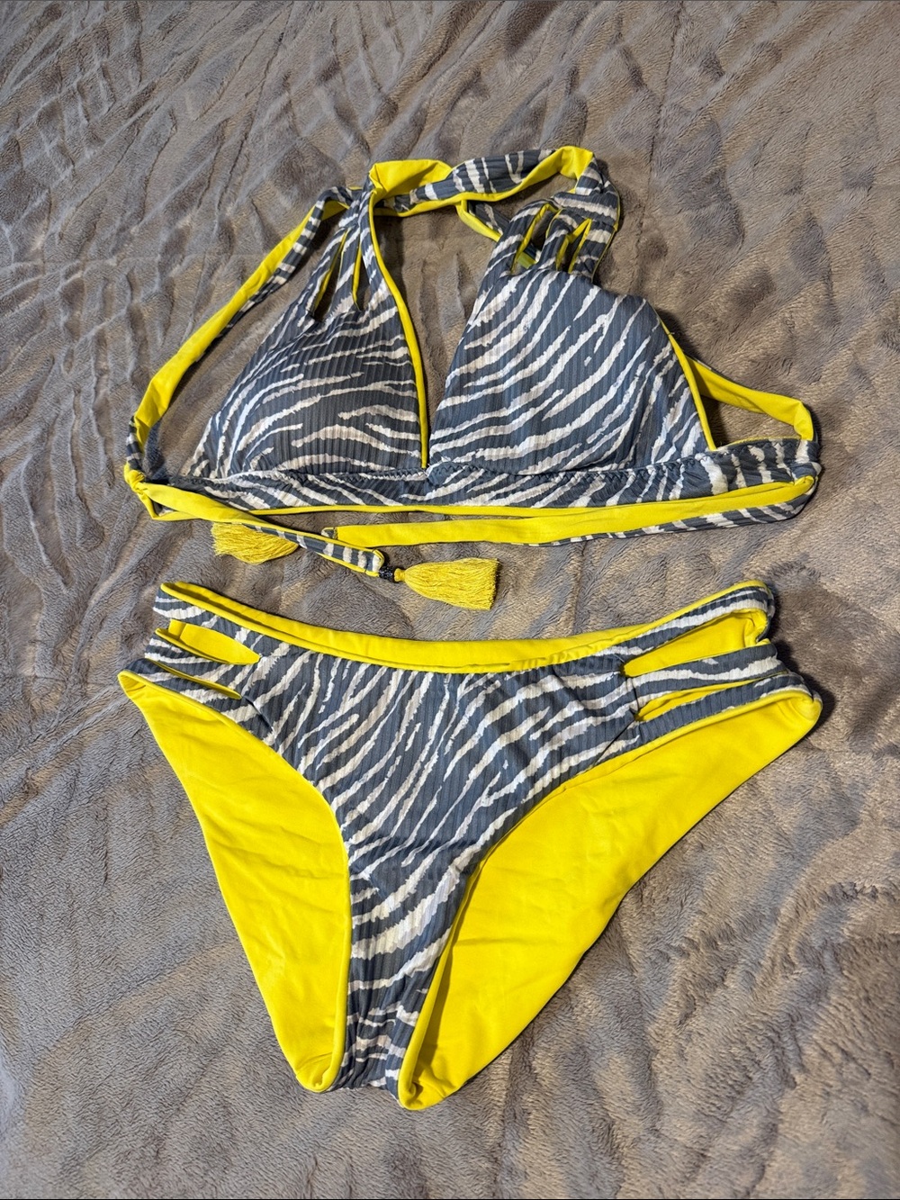 Women’s Yellow and Gray Zebra-Print Halter reversible Bikini